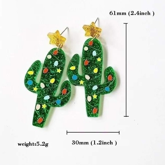 Jewelry - Whimsical Christmas‎ Cactus Dangle Earrings Fun Festive Green Glitter Star